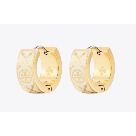 Tory Burch White and Gold T-Monogram Huggie Earrings - Picture 1 of 3